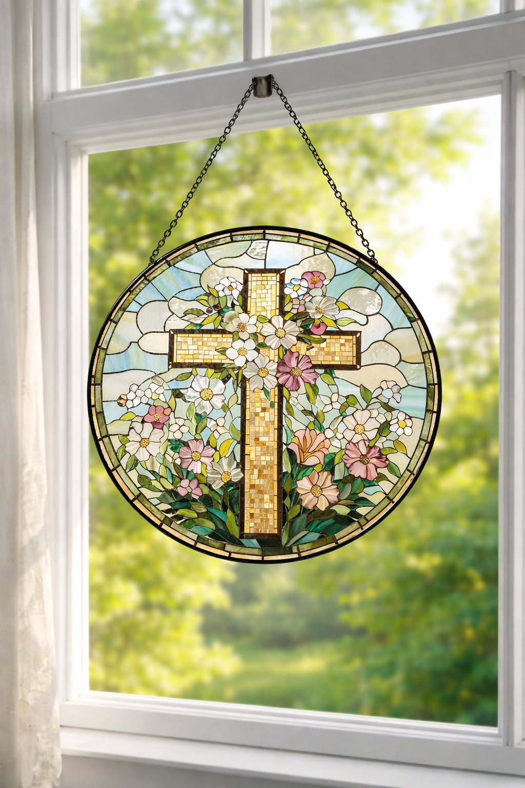 Floral Cross Stained Glass Suncatcher, Christian Window Hanging, Religious Sun Catcher, Flower Cross Decor, Faith Gift, Easter Home Decor SCLAF20