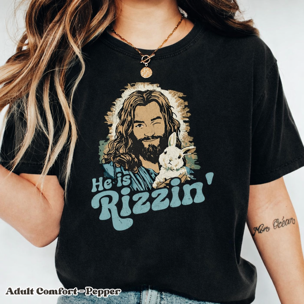 He Is Rizzin Shirt, Comfort Colors Pepper Tee, Funny Christian Easter Shirt, Retro Jesus Bunny Graphic Tee, Faith Based Gift for Women Men CFLAF054