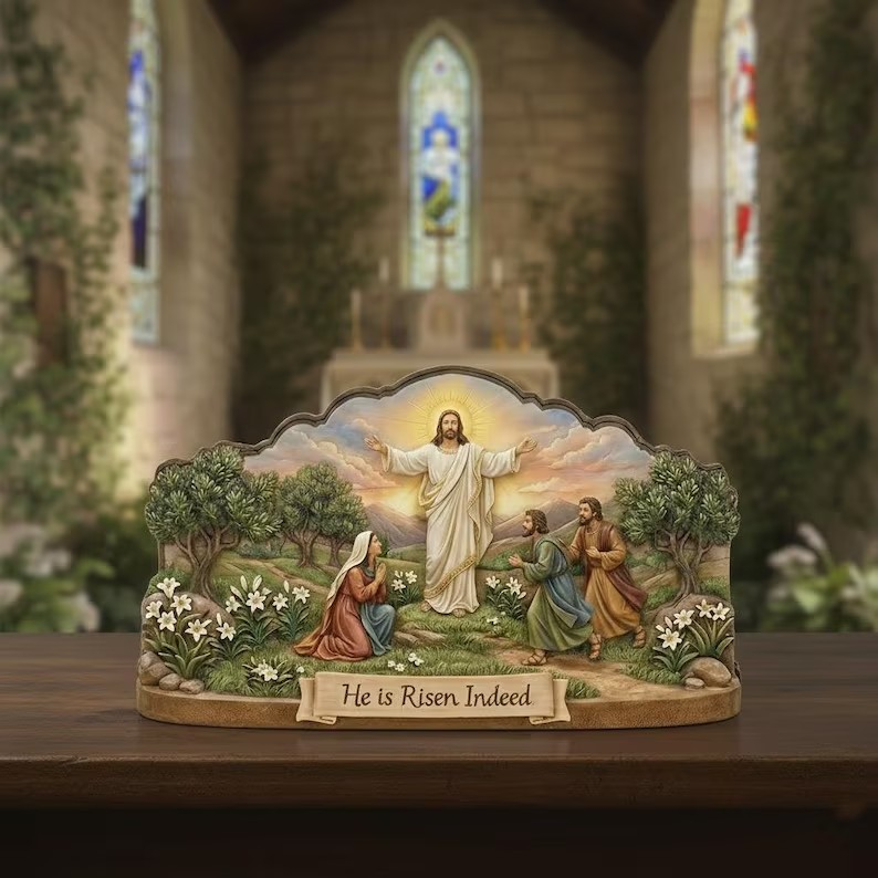 Christian Easter Wooden Sign, He Is Risen Decor, Jesus Resurrection Scene, Religious Tabletop Display, Faith Home Accent