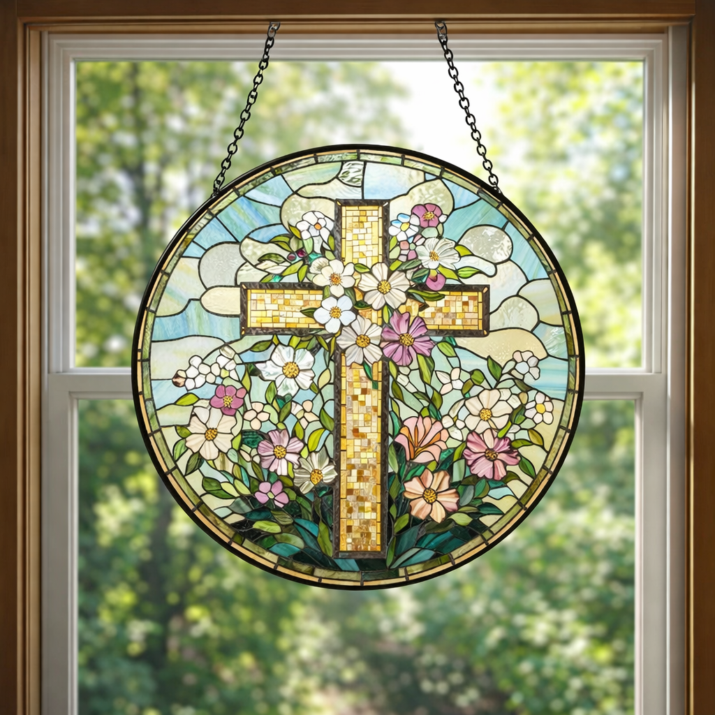 Floral Cross Stained Glass Suncatcher, Christian Window Hanging, Religious Sun Catcher, Flower Cross Decor, Faith Gift, Easter Home Decor SCLAF20
