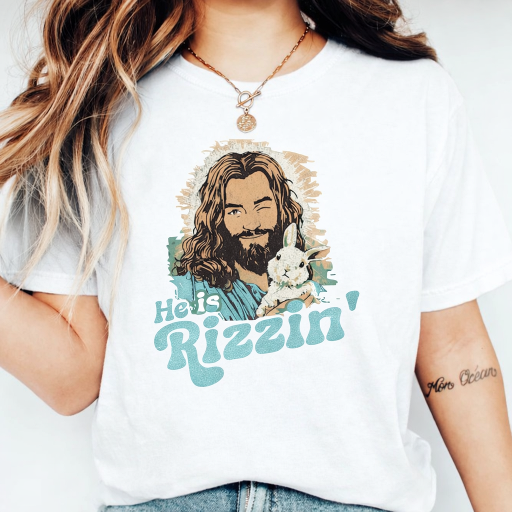 He Is Rizzin Shirt, Comfort Colors Pepper Tee, Funny Christian Easter Shirt, Retro Jesus Bunny Graphic Tee, Faith Based Gift for Women Men CFLAF054