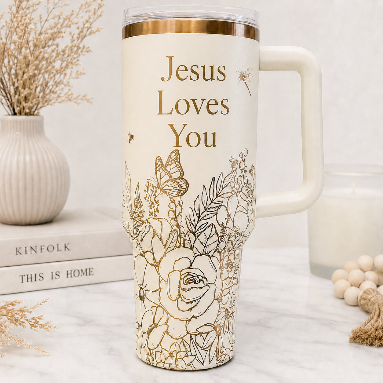 Jesus Loves You Floral Tumbler with Handle, Floral Tumbler, Christian Insulated Travel Cup, Faith Gift LAFN11