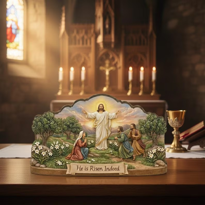 Christian Easter Wooden Sign, He Is Risen Decor, Jesus Resurrection Scene, Religious Tabletop Display, Faith Home Accent