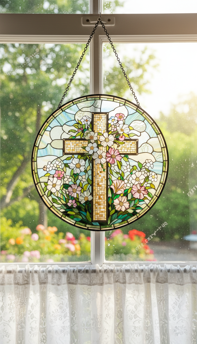 Floral Cross Stained Glass Suncatcher, Christian Window Hanging, Religious Sun Catcher, Flower Cross Decor, Faith Gift, Easter Home Decor SCLAF20