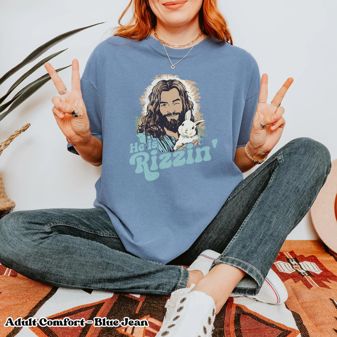 He Is Rizzin Shirt, Comfort Colors Pepper Tee, Funny Christian Easter Shirt, Retro Jesus Bunny Graphic Tee, Faith Based Gift for Women Men CFLAF054