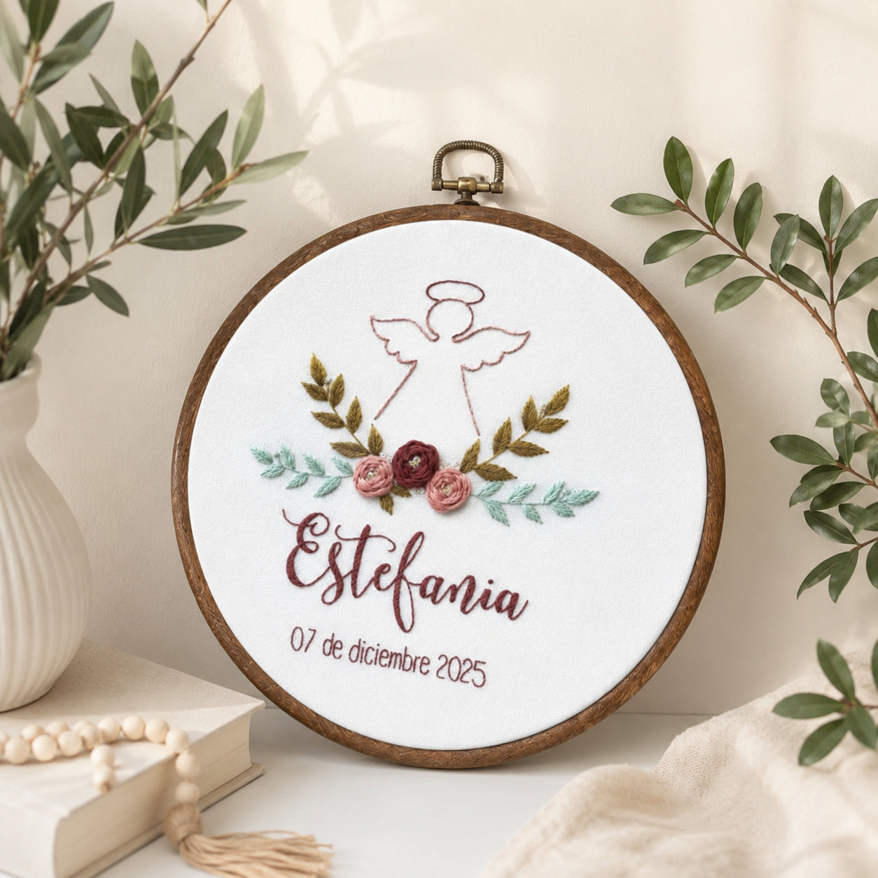 Personalized Hand Embroidered Flower With Angel Hoop Art, Custom Baby Name Baptism, Floral Christian Keepsake, Christian Hoop Art, Nursery Gift EHA39