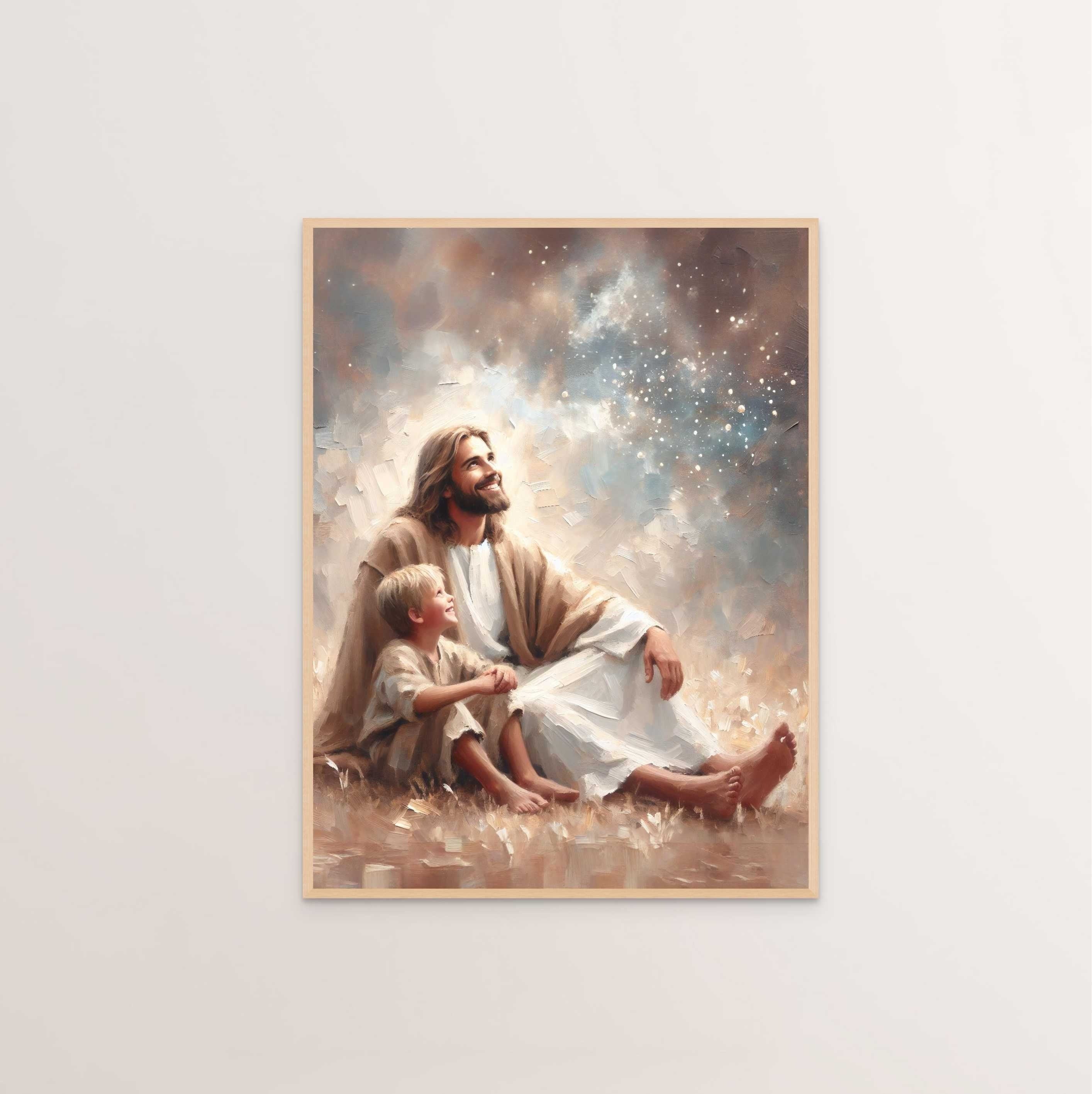 Magic in the Sky Poster, Jesus and Boy Poster, Christian Art for Kids, Jesus with Children Art, Bible Art Poster