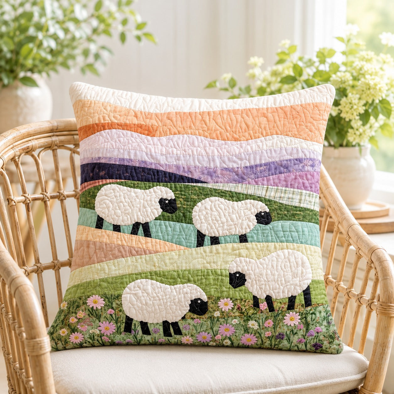 Sheep Meadow Quilted Pillow Case, Farmhouse Sheep Pillow Cover, Country Cottage Decor, Lamb Throw Pillow, Spring Home Decor QPILLOW10