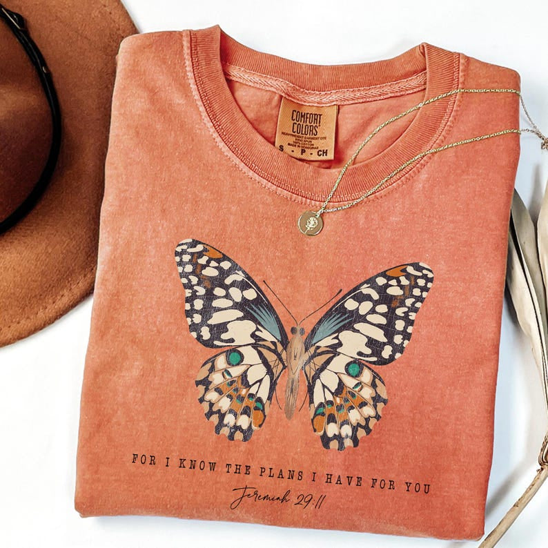 Comfort Colors Butterfly Motivational Christian T-shirt, For I Know the Plans I Have for You T-shirt, Bible Verse Tee, Inspirational Quotes CFS11