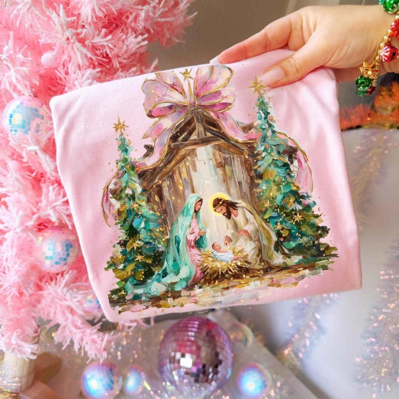 Preppy Painted Christian Nativity Scene Shirt, Glitter Faith Christmas Shirt, Nativity Coquette Shirt CFNE11