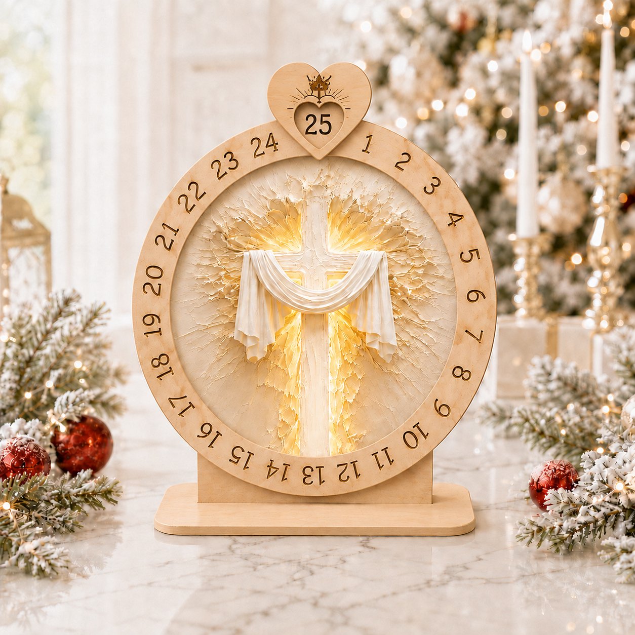 Wooden Jesus Sacred Heart Advent Calendar, Jesus Cross Wooden Sign, Custom Tabletop Religious Gift, Spinning Wheel Christmas Countdown Decor, Religious Christian Christmas Gift XMASW07