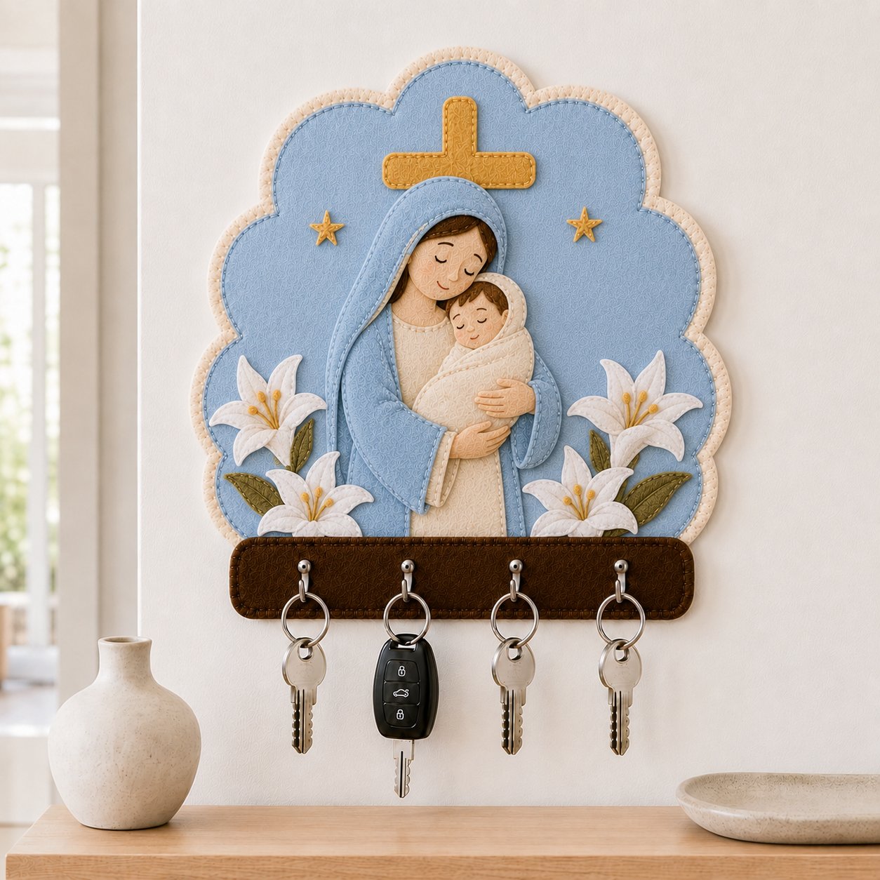 Virgin Mary and Baby Jesus Wall Felt Key Holder, Virgin Mary With Flower Wall Key Rack, Handmade Catholic Home Decor, Religious Housewarming Gift, Felt Custom FELTHD10