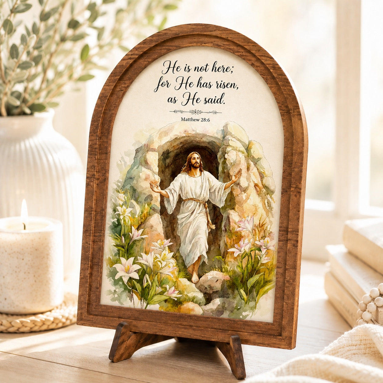 He Is Risen - Matthew 28:6 Arched Wood Framed Sign - Easter Religious Tabletop Decor & Christian Gift WS11