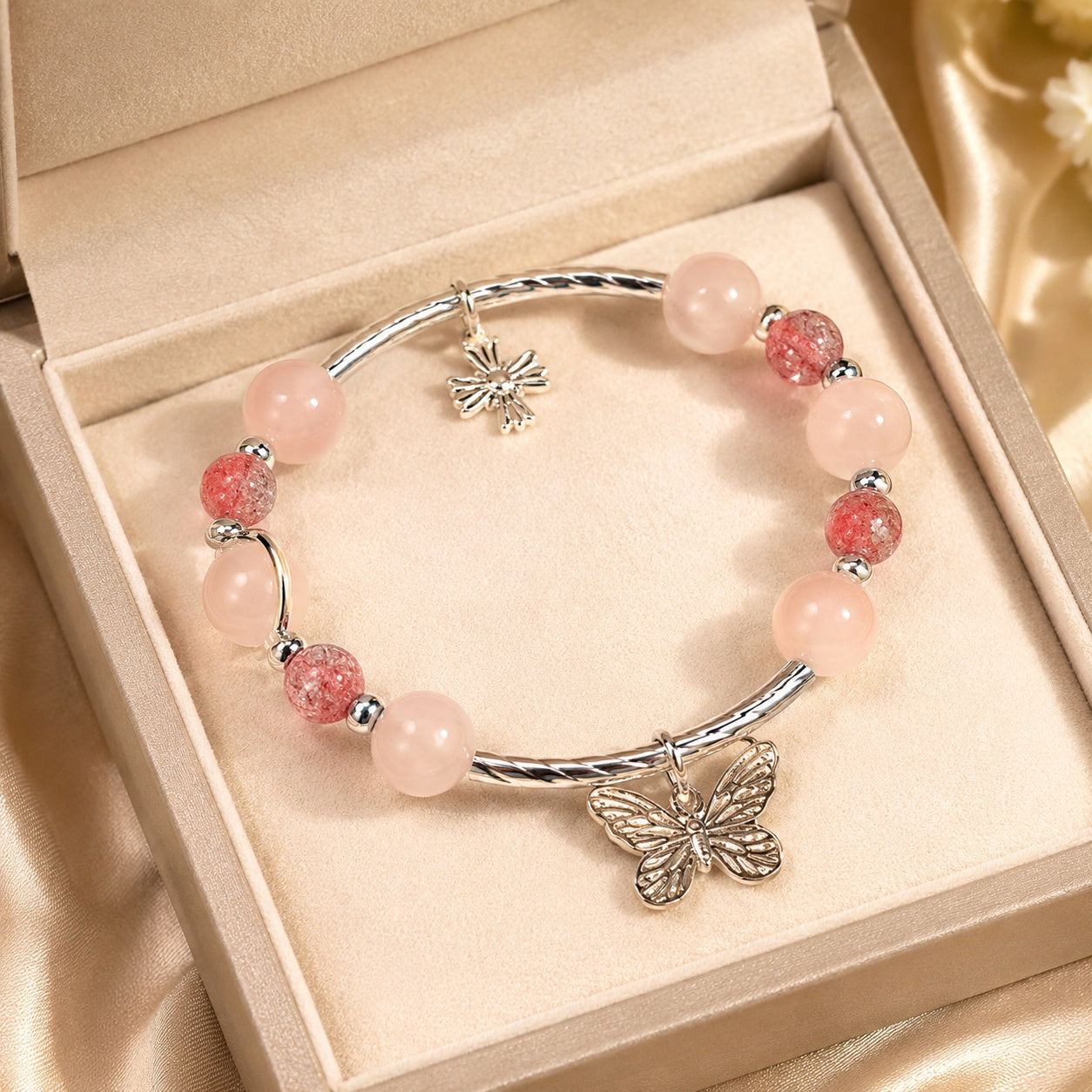 Rose Butterfly Bracelet With Cross Pendant, Clover Catholic Jewelry, Silver Stone Bracelet For Women, Catholic Bracelet BRLAF14