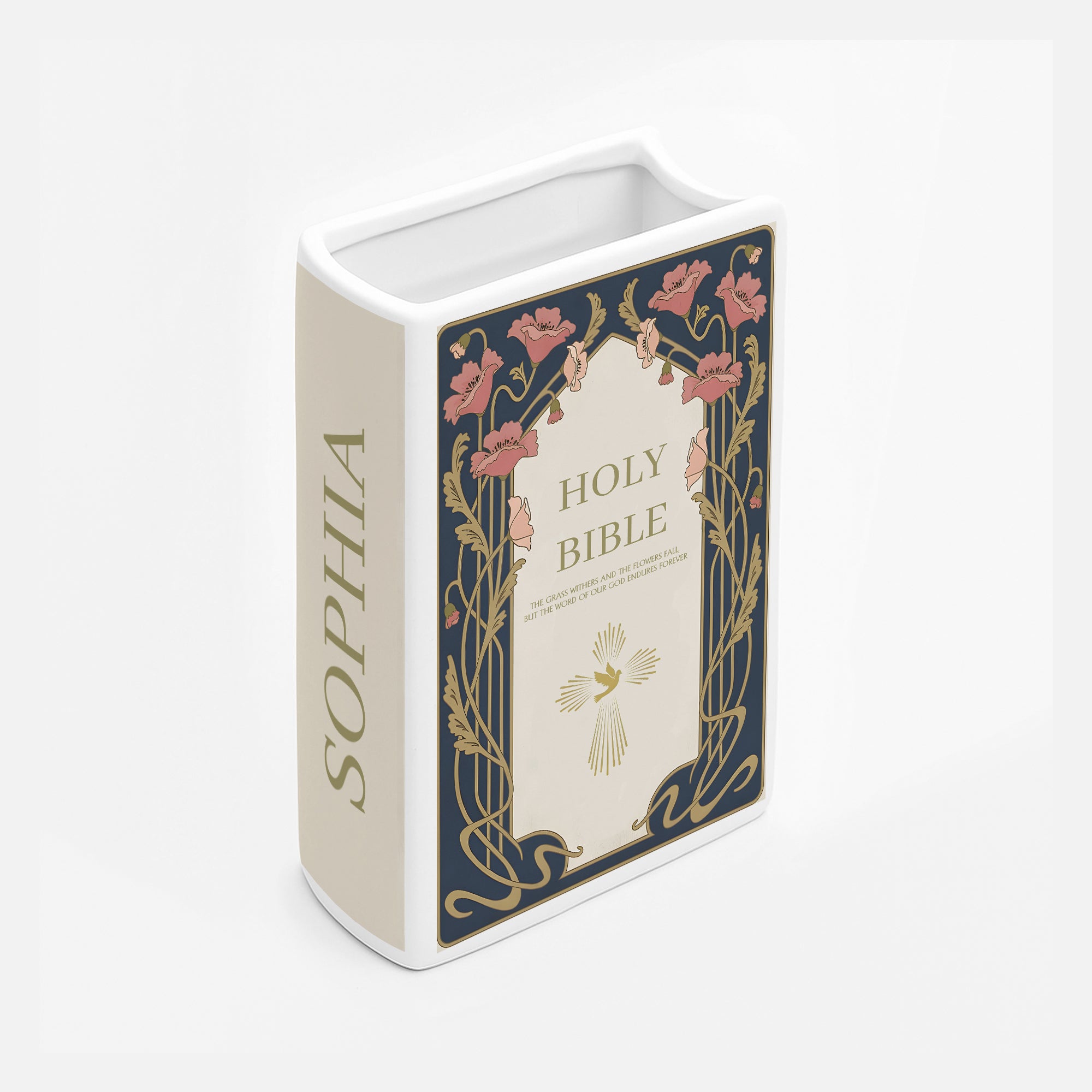 Personalized Jesus Bible Verse Vase, Ceramic Floral Holy Bible Book for Christian Women Gift, Faith Inspired Shelf Decor CBLAF11