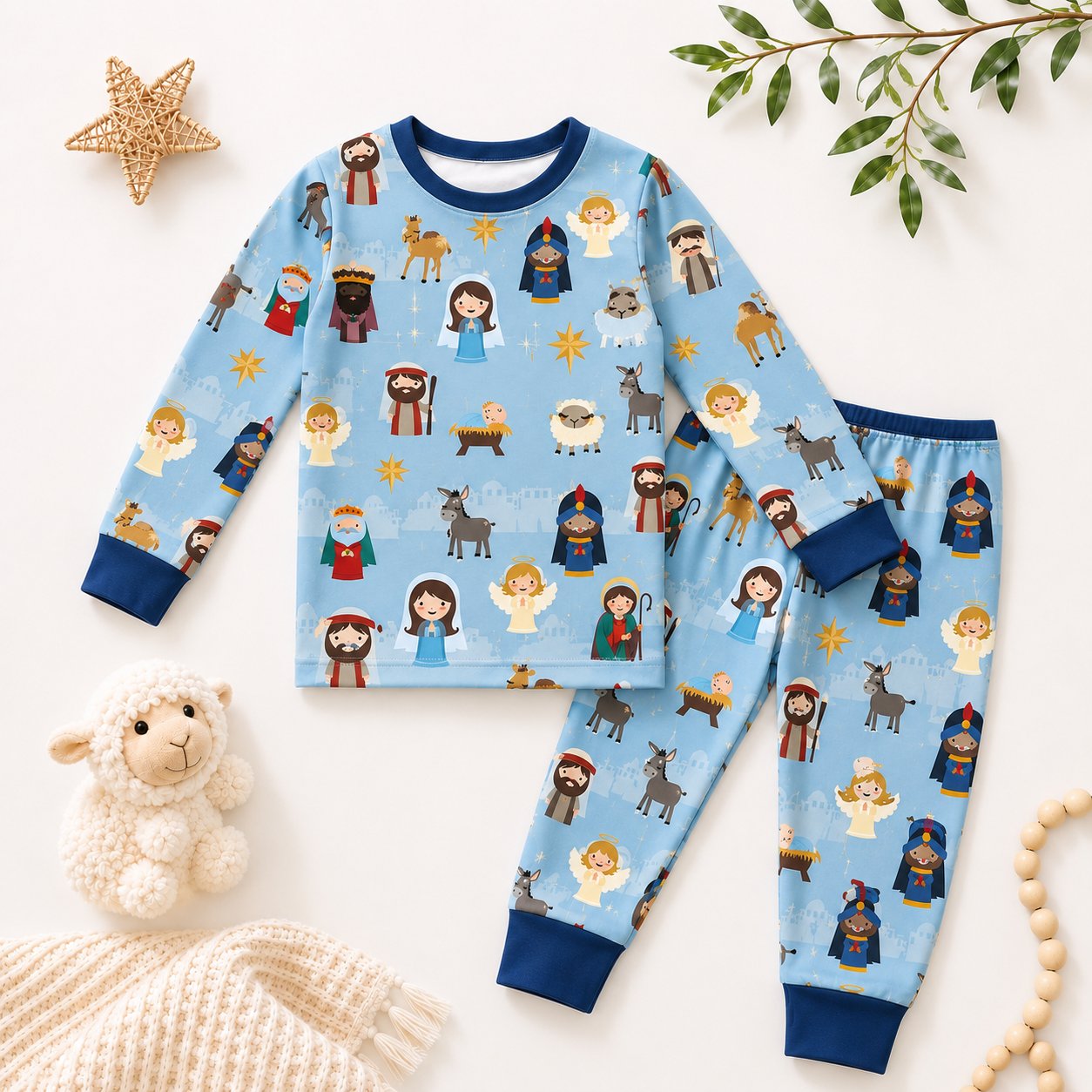 Nativity Bamboo Baby Kids Pajamas Set, Christian Christmas PJs, Baby Jesus and Three Wise Men Toddler Holiday Sleepwear BBPJSS09