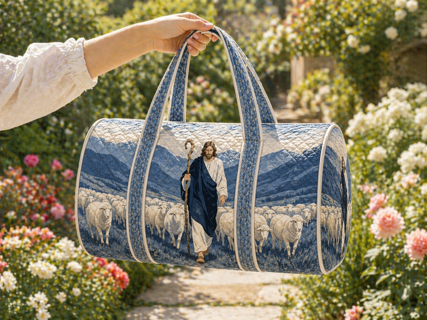 Jesus Shepherd Faith Quilted Duffle Bag, Christian Weekender Bag, Good Shepherd Duffle BagJesus With Sheep Travel Overnight Bag, Religious Gift, Pink Women Quilted Bag QDB11