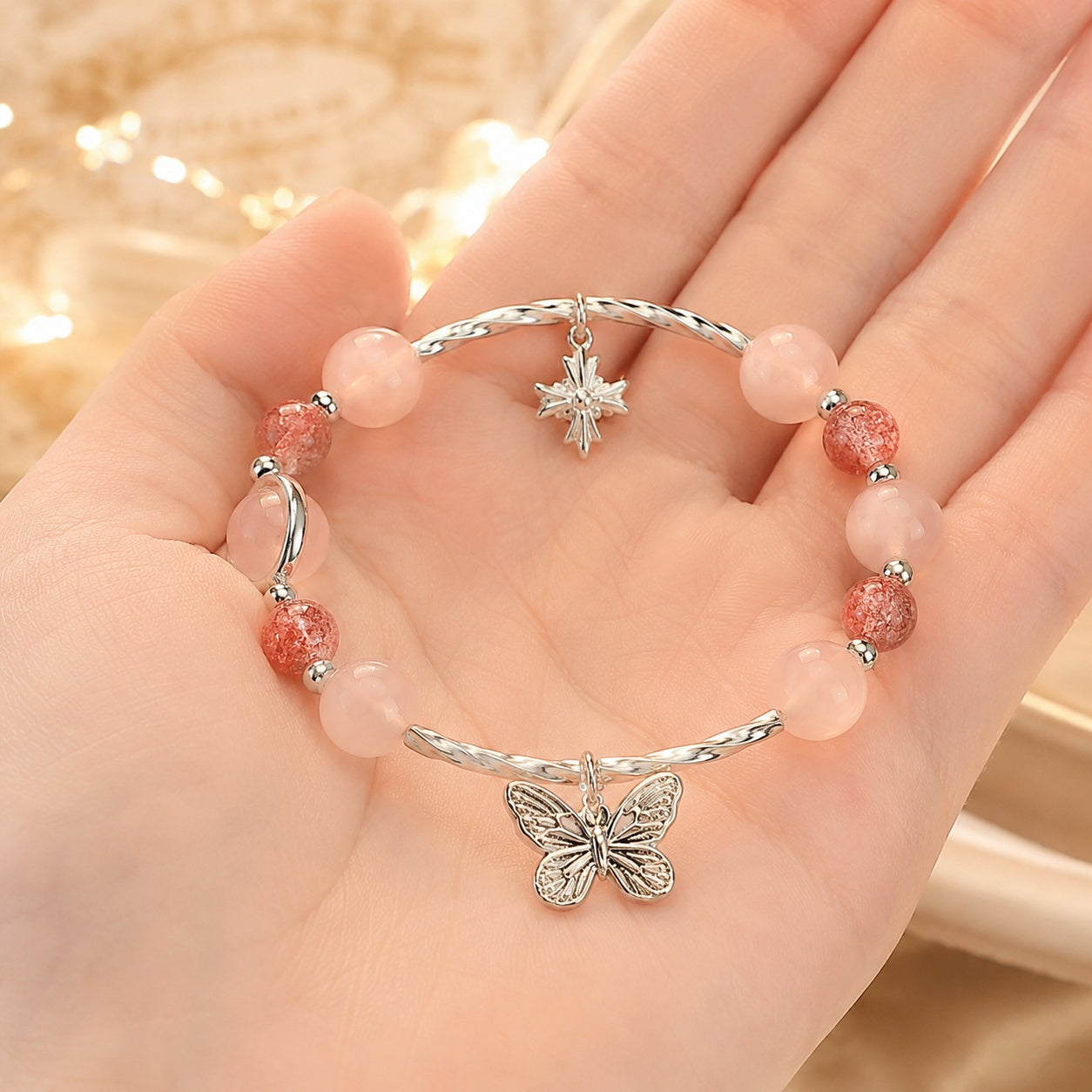 Rose Butterfly Bracelet With Cross Pendant, Clover Catholic Jewelry, Silver Stone Bracelet For Women, Catholic Bracelet BRLAF14