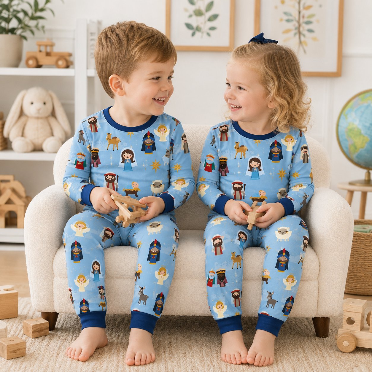 Nativity Bamboo Baby Kids Pajamas Set, Christian Christmas PJs, Baby Jesus and Three Wise Men Toddler Holiday Sleepwear BBPJSS09