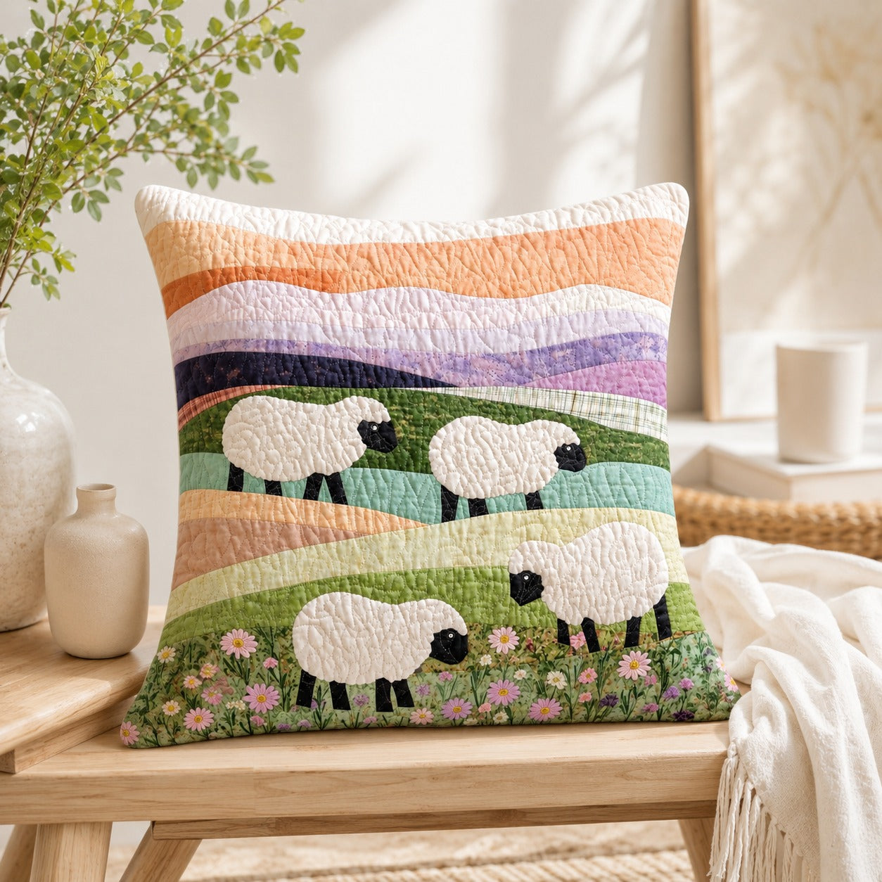 Sheep Meadow Quilted Pillow Case, Farmhouse Sheep Pillow Cover, Country Cottage Decor, Lamb Throw Pillow, Spring Home Decor QPILLOW10