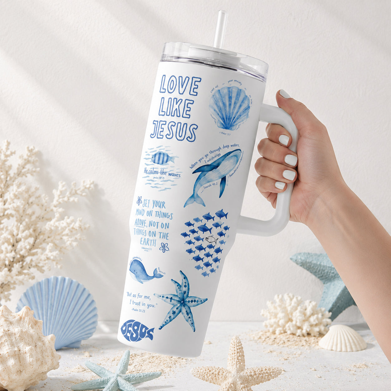 Bible Verse Sea Life 30oz/40oz Stainless Steel Tumbler with Handle, Faith-Inspired Travel Mug, Love Like Jesus Tumbler, Insulated Mug with Straw, Christian Gift TUMB11