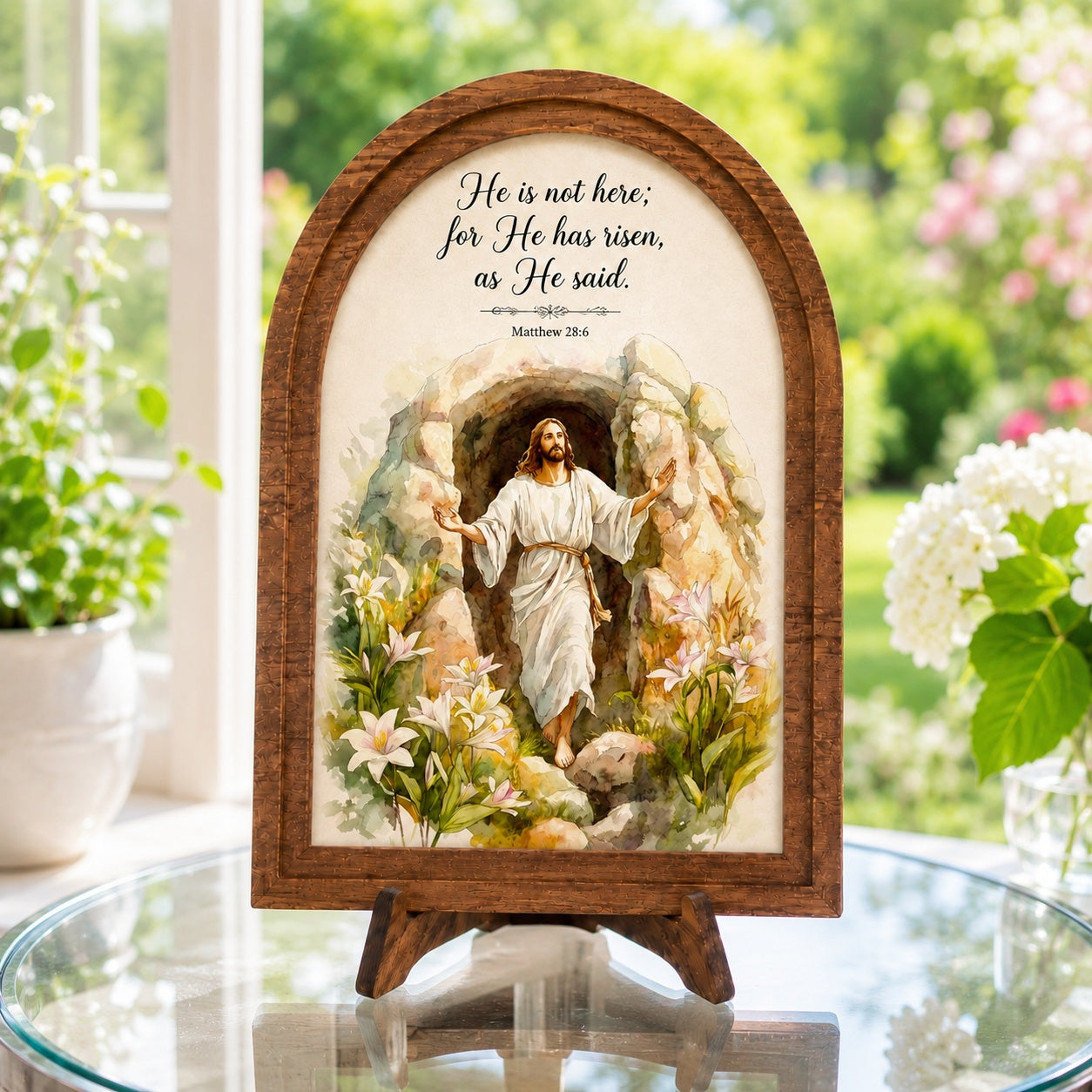 He Is Risen - Matthew 28:6 Arched Wood Framed Sign - Easter Religious Tabletop Decor & Christian Gift WS11