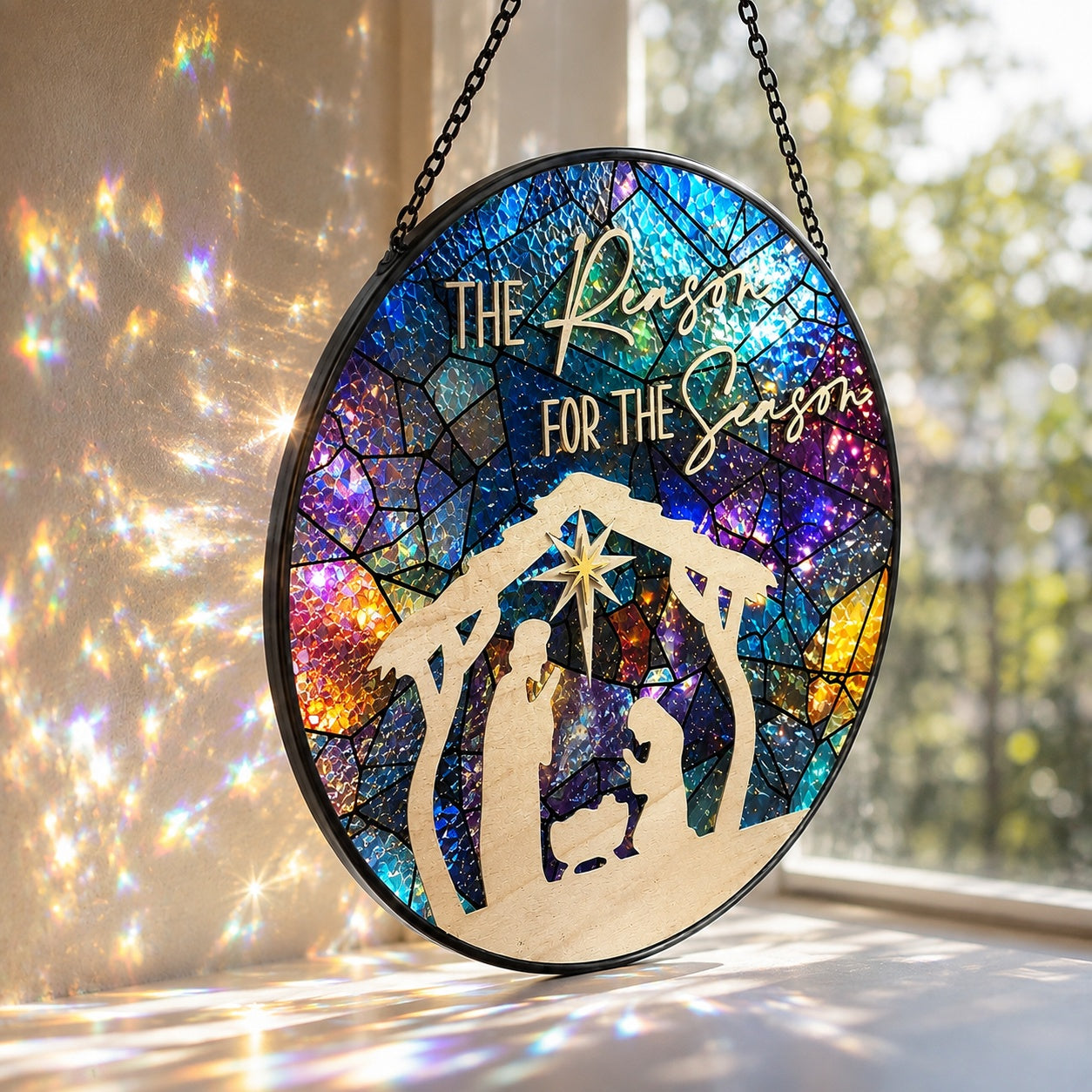 Nativity Scene Stained Glass Suncatcher, Holy Family Christmas Decor, Jesus Birth Window Hanging, Christian Religious Gift, Christmas Home Decor GLASS11