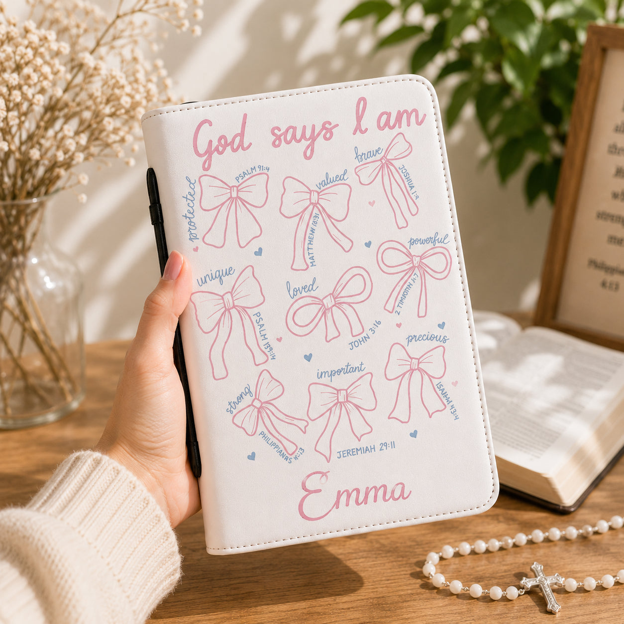 Personalized Pink Bow Leather Book Cover, God Say I Am Bible Cover, Christian Gift, Bible Covers Jesus Gifts BIBLE11