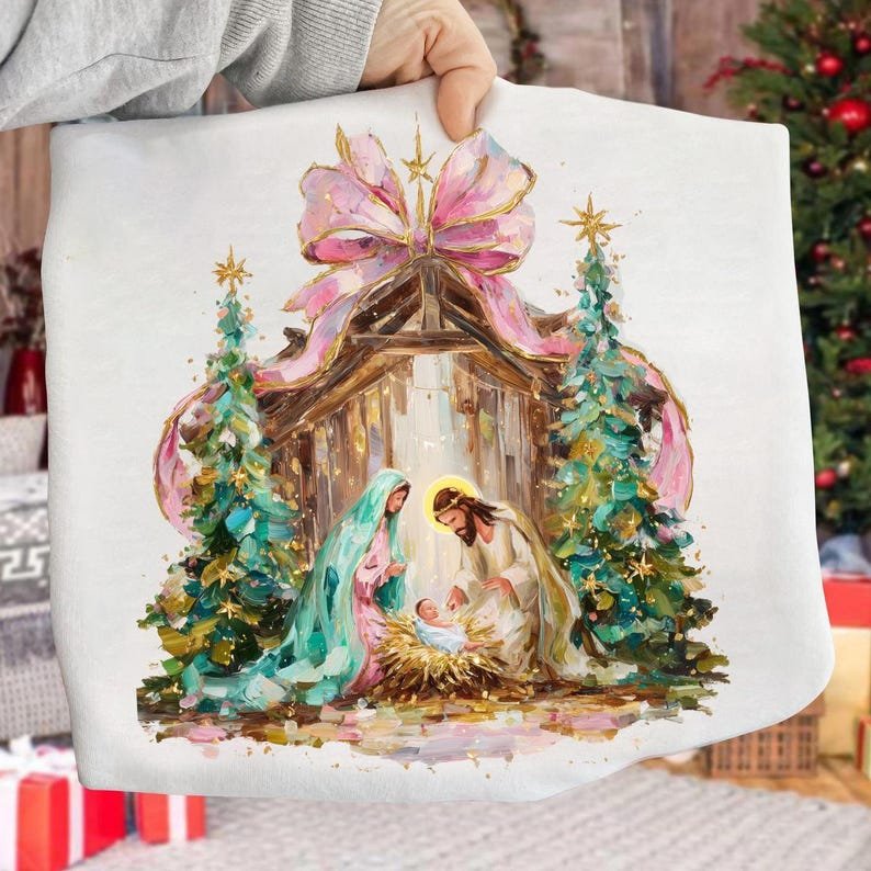 Preppy Painted Christian Nativity Scene Shirt, Glitter Faith Christmas Shirt, Nativity Coquette Shirt CFNE11