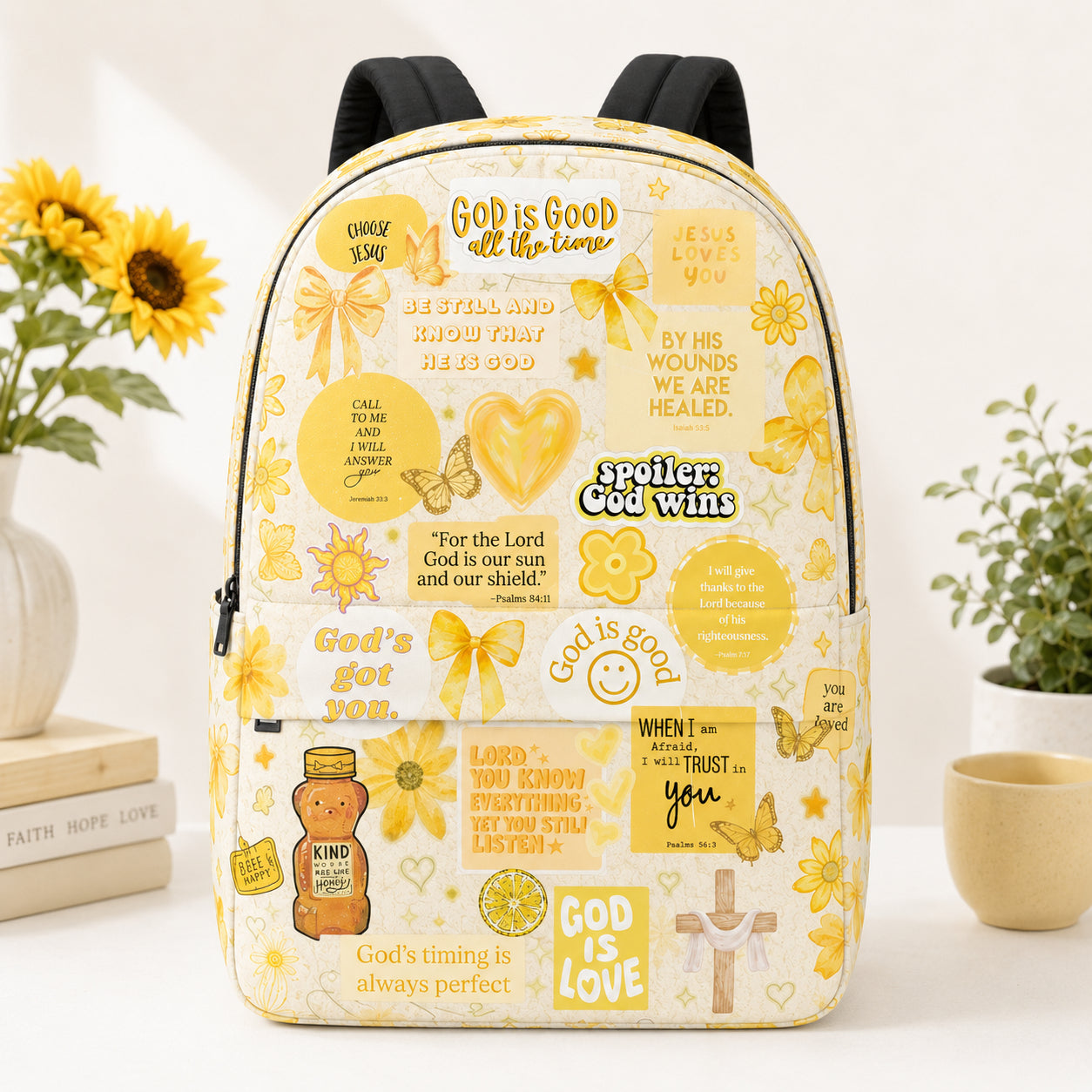 Yellow Version Faith God Backpack, Custom Summer Style Christian Aesthetic Backpack, Christian Faith Bag, Laptop Bag, Back To School Backpack PLAF74
