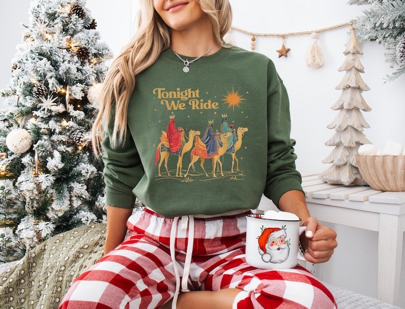 Retro Tonight We Ride Christmas Christian Quote T-Shirt, Christian Shirt, Christmas Faith Gift, Xmas Gift CFNS11