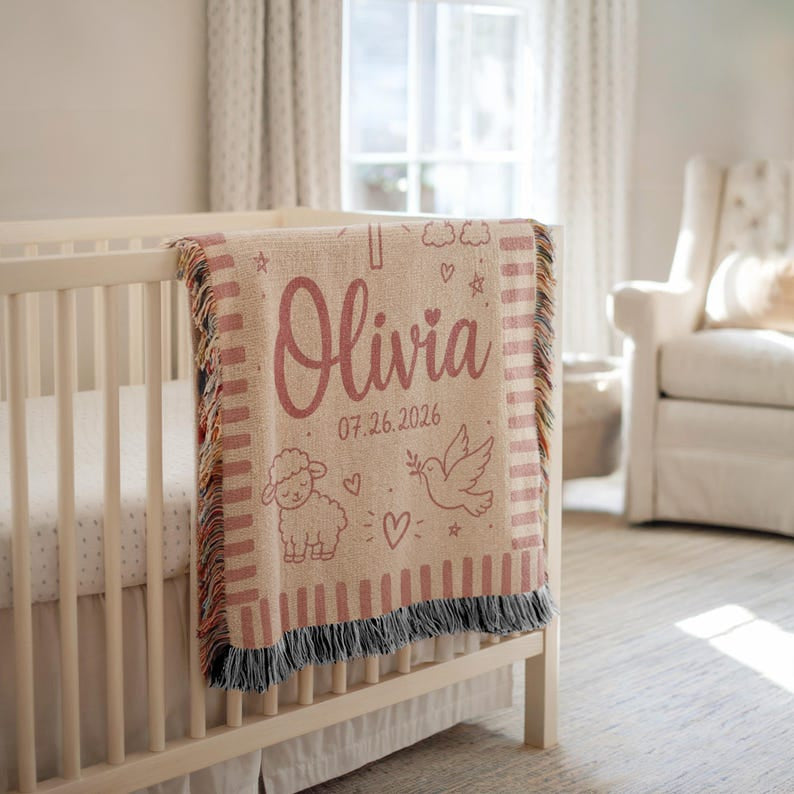 Personalized Christian Baby Blanket, Custom Name Woven Nursery Tapestry, Baptism Gift, Christening Keepsake, Baby Dedication Newborn Present WBLAF11
