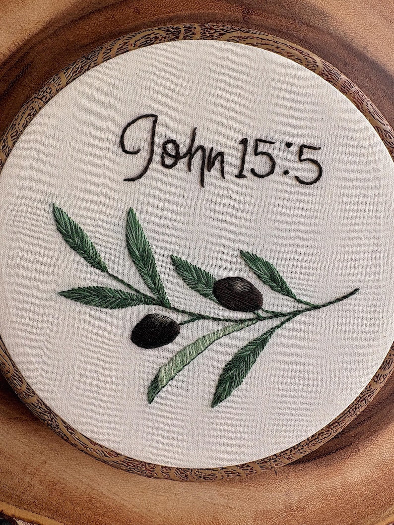 John 15:5 Embroidery Hoop Art, Olive Branch Christian Wall Decor, Bible Verse Needlework, Minimalist Faith Gift EH10