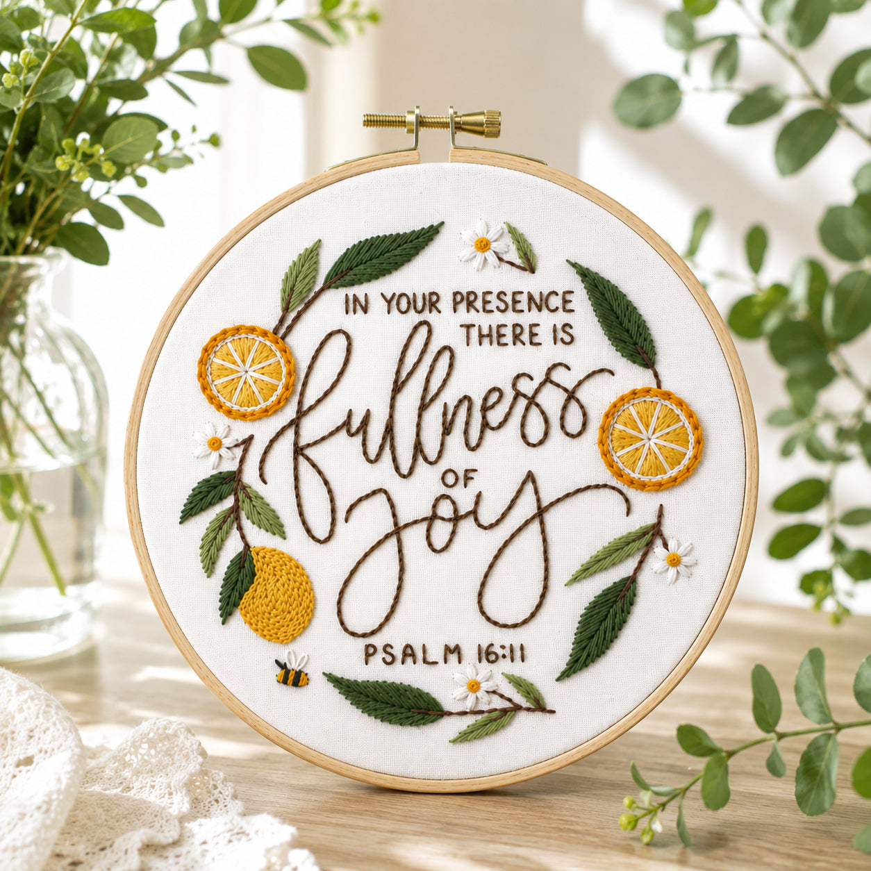 Hand-Embroidered Christian Bible Keepsake Hoop Art, Embroidered Fruit Bible Hoop, Embroidery Name Sign, Floral Hoop, Faith Hanging Decor Gift EHA28