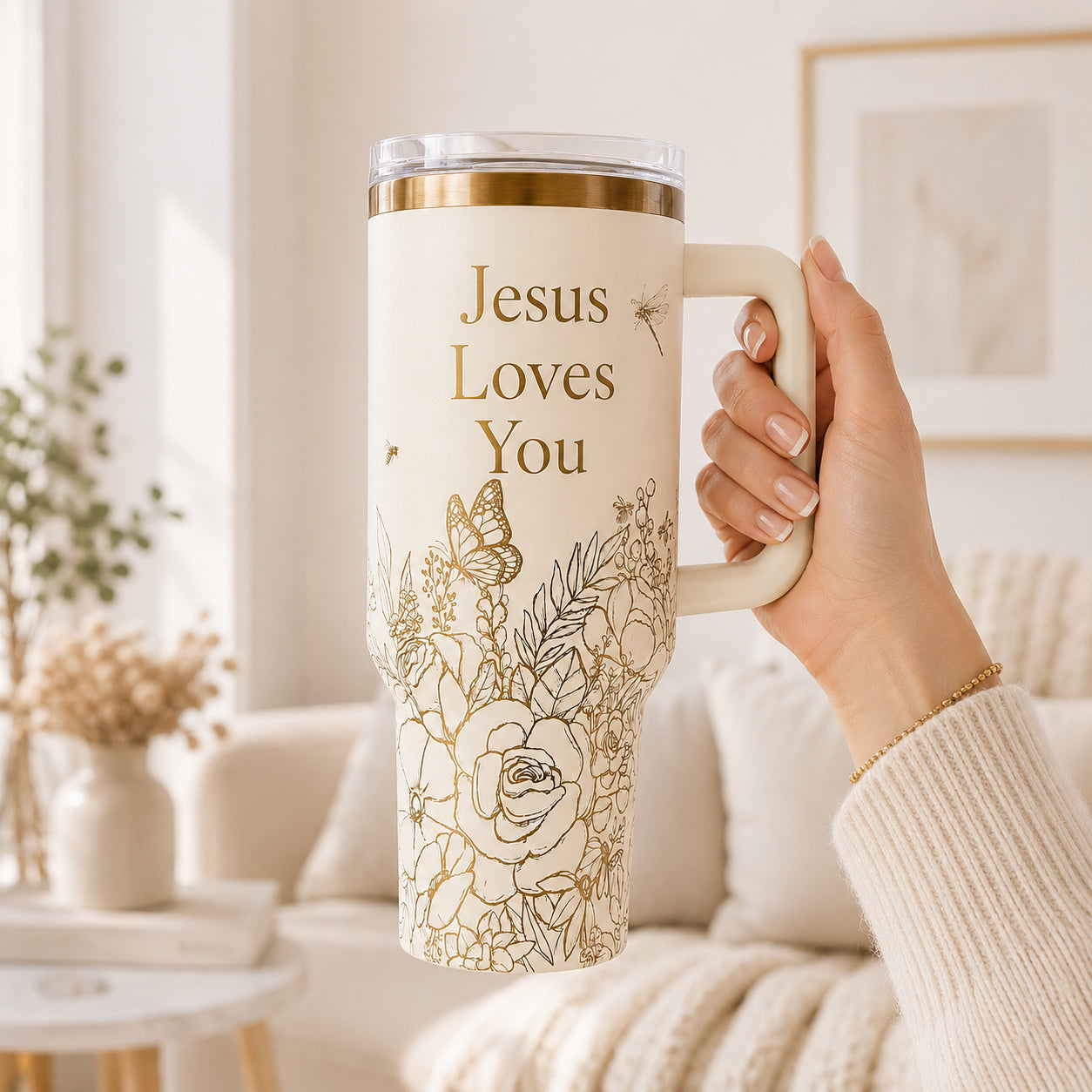 Jesus Loves You Floral Tumbler with Handle, Floral Tumbler, Christian Insulated Travel Cup, Faith Gift LAFN11