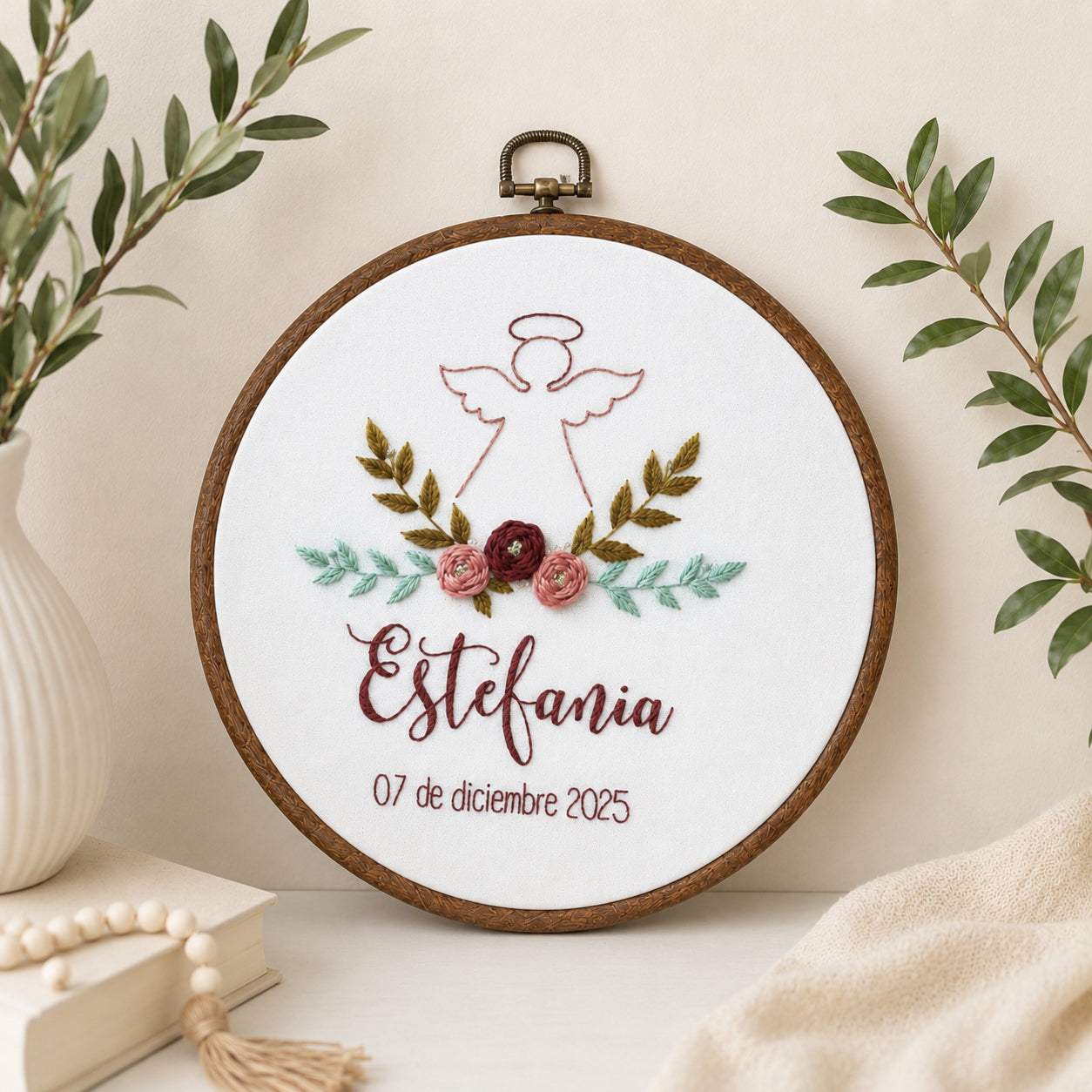 Personalized Hand Embroidered Flower With Angel Hoop Art, Custom Baby Name Baptism, Floral Christian Keepsake, Christian Hoop Art, Nursery Gift EHA39