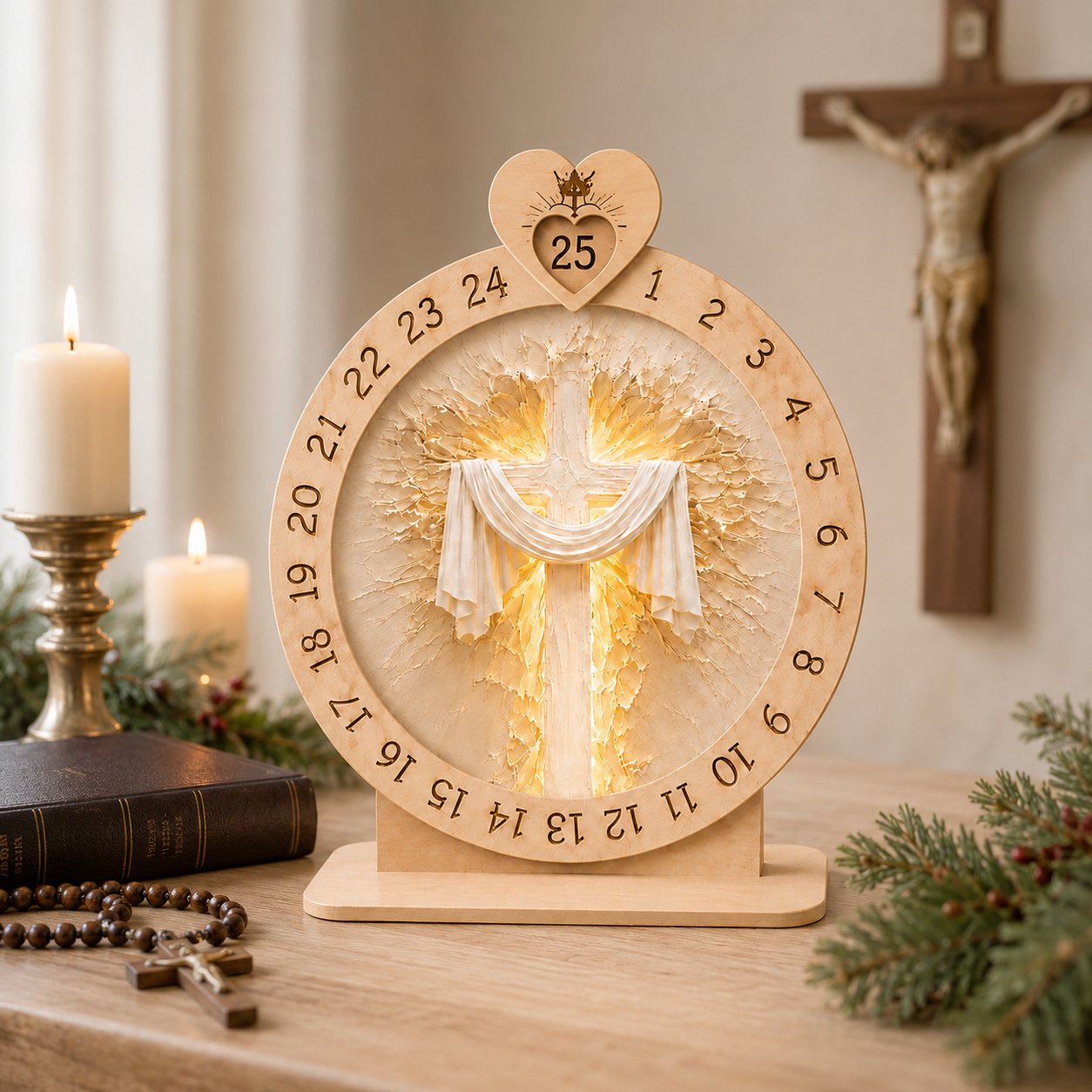 Wooden Jesus Sacred Heart Advent Calendar, Jesus Cross Wooden Sign, Custom Tabletop Religious Gift, Spinning Wheel Christmas Countdown Decor, Religious Christian Christmas Gift XMASW07
