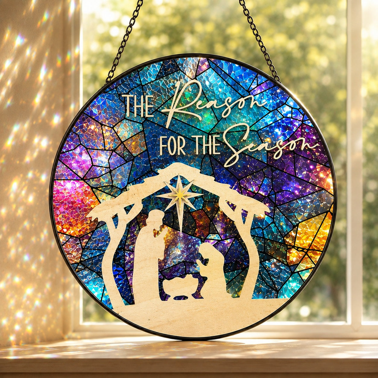 Nativity Scene Stained Glass Suncatcher, Holy Family Christmas Decor, Jesus Birth Window Hanging, Christian Religious Gift, Christmas Home Decor GLASS11
