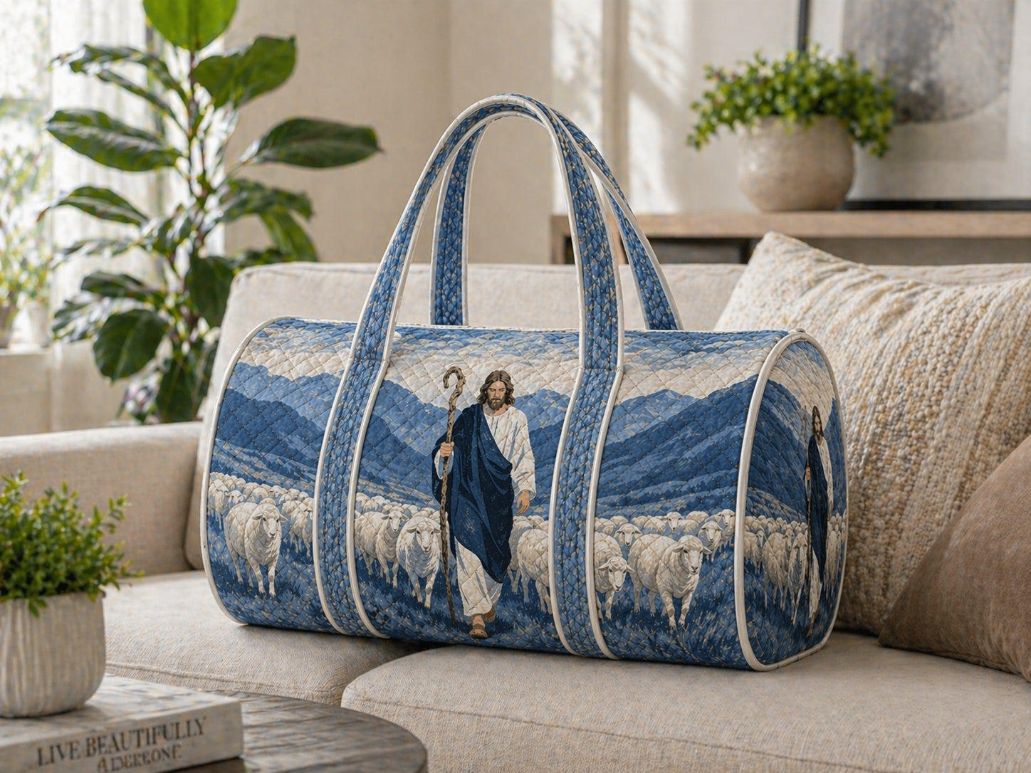 Jesus Shepherd Faith Quilted Duffle Bag, Christian Weekender Bag, Good Shepherd Duffle BagJesus With Sheep Travel Overnight Bag, Religious Gift, Pink Women Quilted Bag QDB11