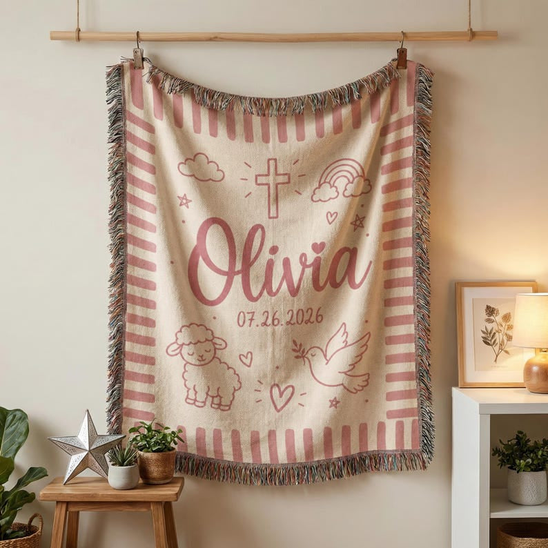 Personalized Christian Baby Blanket, Custom Name Woven Nursery Tapestry, Baptism Gift, Christening Keepsake, Baby Dedication Newborn Present WBLAF11