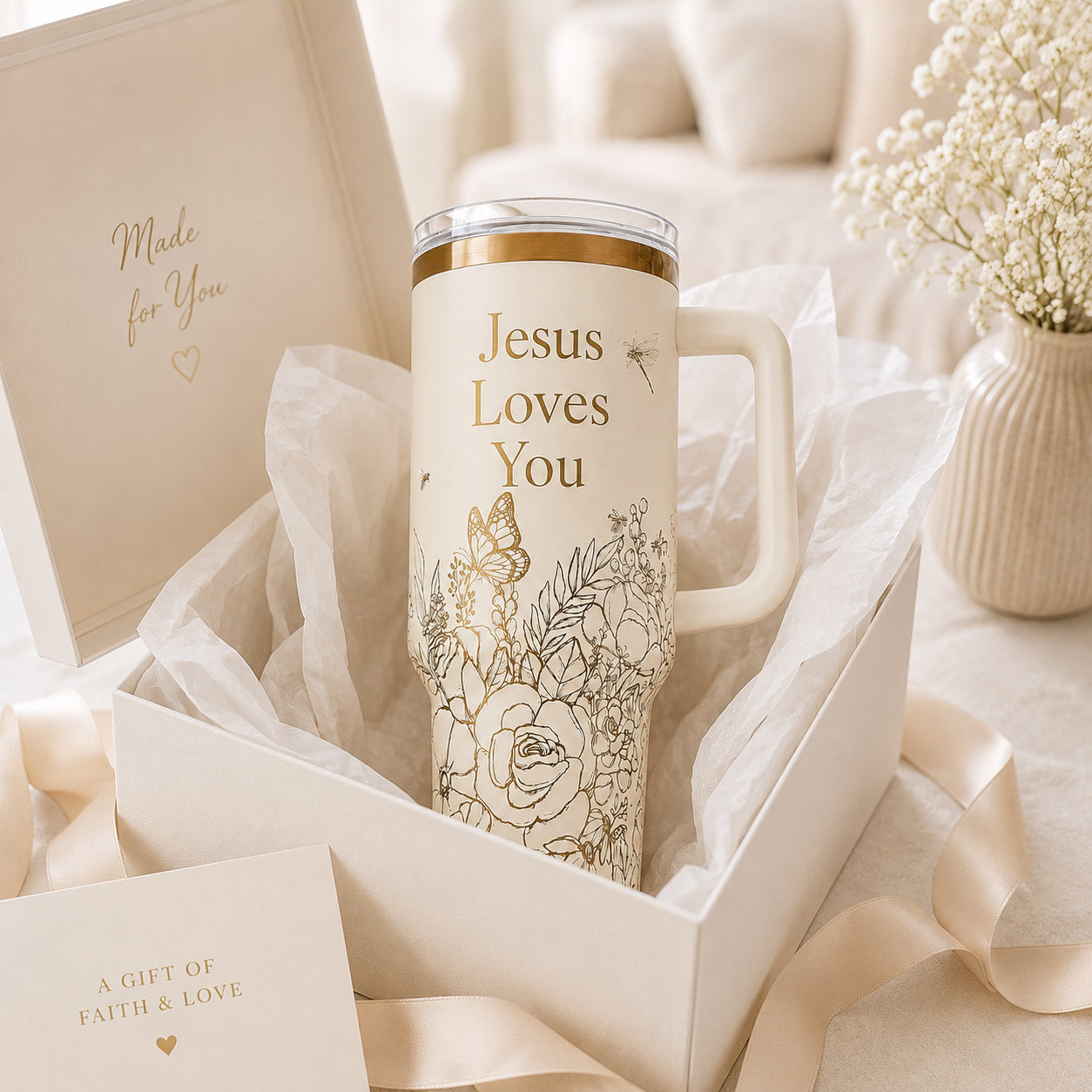 Jesus Loves You Floral Tumbler with Handle, Floral Tumbler, Christian Insulated Travel Cup, Faith Gift LAFN11