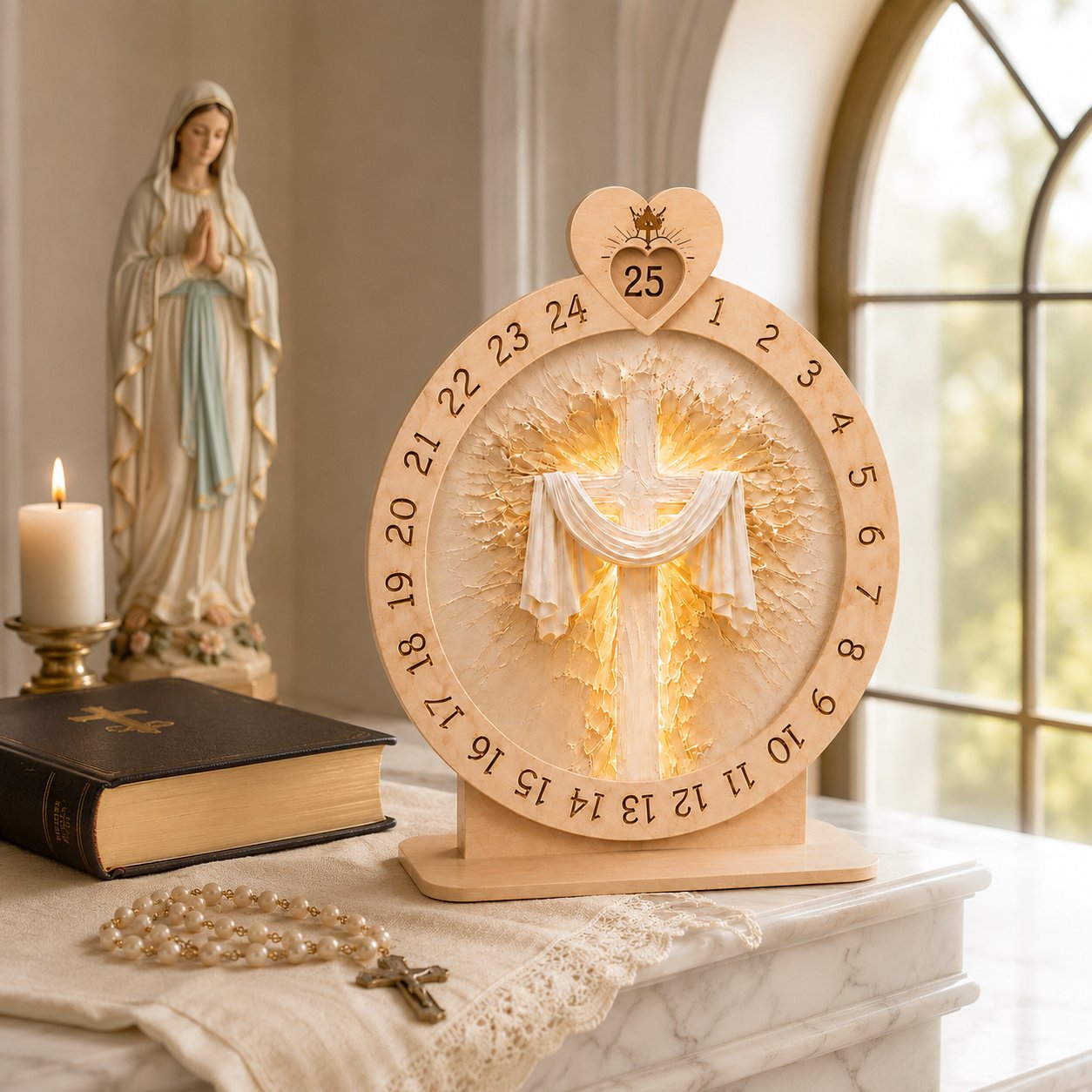Wooden Jesus Sacred Heart Advent Calendar, Jesus Cross Wooden Sign, Custom Tabletop Religious Gift, Spinning Wheel Christmas Countdown Decor, Religious Christian Christmas Gift XMASW07