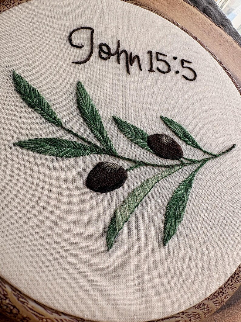John 15:5 Embroidery Hoop Art, Olive Branch Christian Wall Decor, Bible Verse Needlework, Minimalist Faith Gift EH10