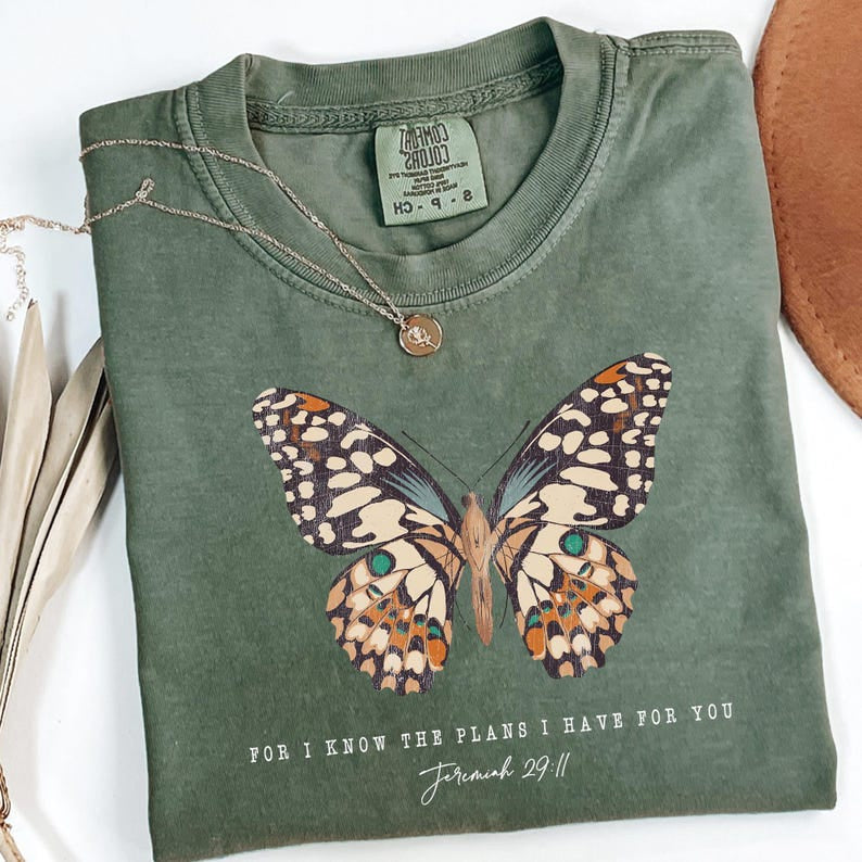 Comfort Colors Butterfly Motivational Christian T-shirt, For I Know the Plans I Have for You T-shirt, Bible Verse Tee, Inspirational Quotes CFS11