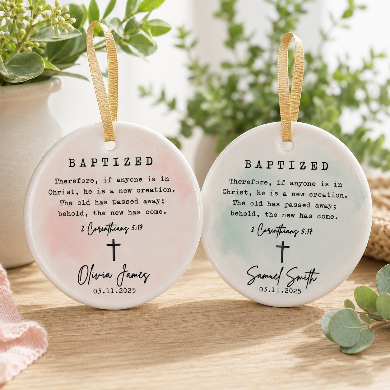 Personalized Baptism Ceramic Ornament, 2 Corinthians 5:17 Bible Verse, Custom Name and Date Christian Christening Keepsake CRMO11