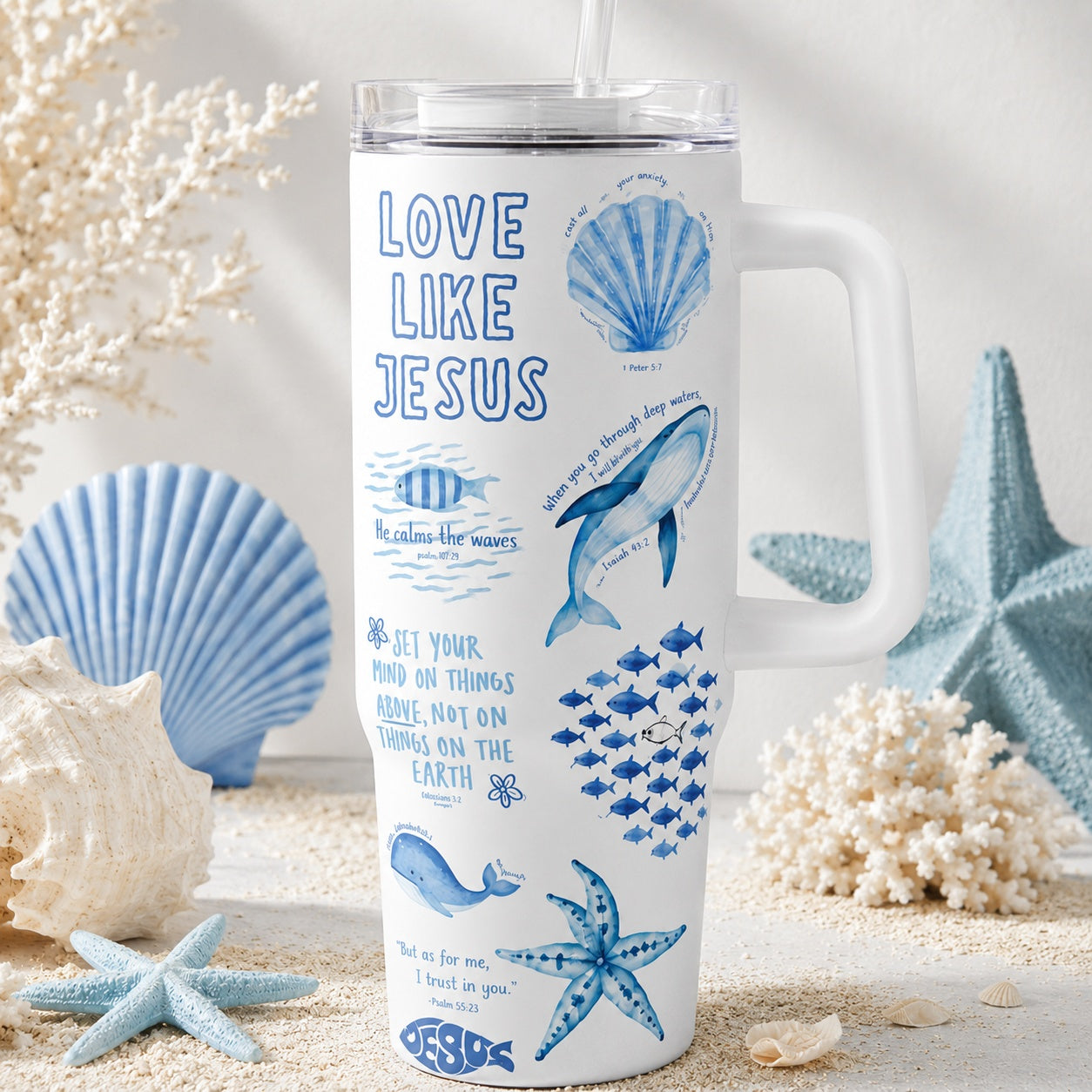 Bible Verse Sea Life 30oz/40oz Stainless Steel Tumbler with Handle, Faith-Inspired Travel Mug, Love Like Jesus Tumbler, Insulated Mug with Straw, Christian Gift TUMB11