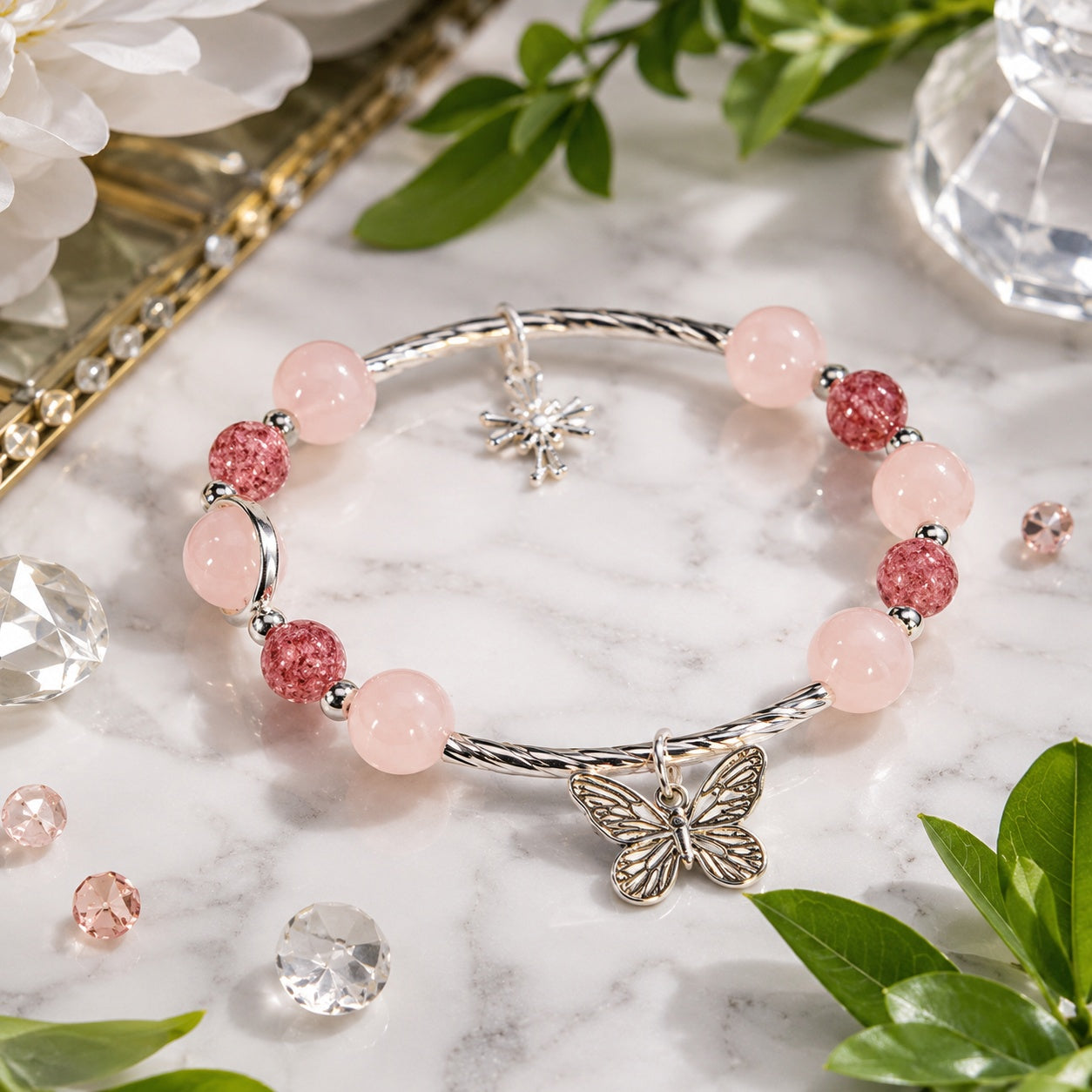 Rose Butterfly Bracelet With Cross Pendant, Clover Catholic Jewelry, Silver Stone Bracelet For Women, Catholic Bracelet BRLAF14