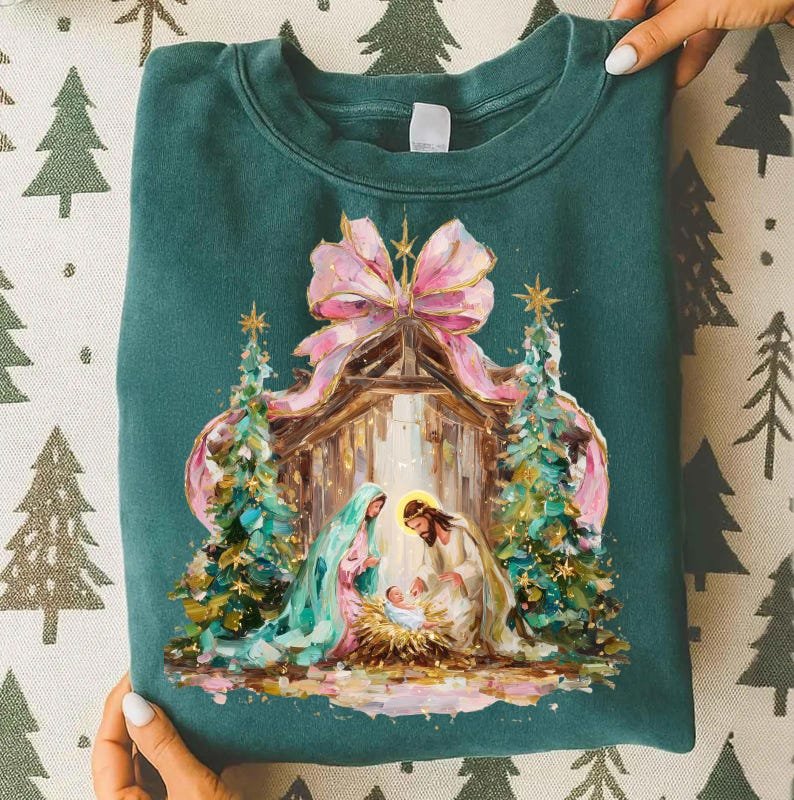 Preppy Painted Christian Nativity Scene Shirt, Glitter Faith Christmas Shirt, Nativity Coquette Shirt CFNE11