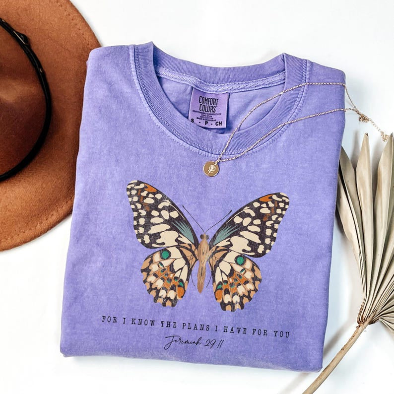 Comfort Colors Butterfly Motivational Christian T-shirt, For I Know the Plans I Have for You T-shirt, Bible Verse Tee, Inspirational Quotes CFS11