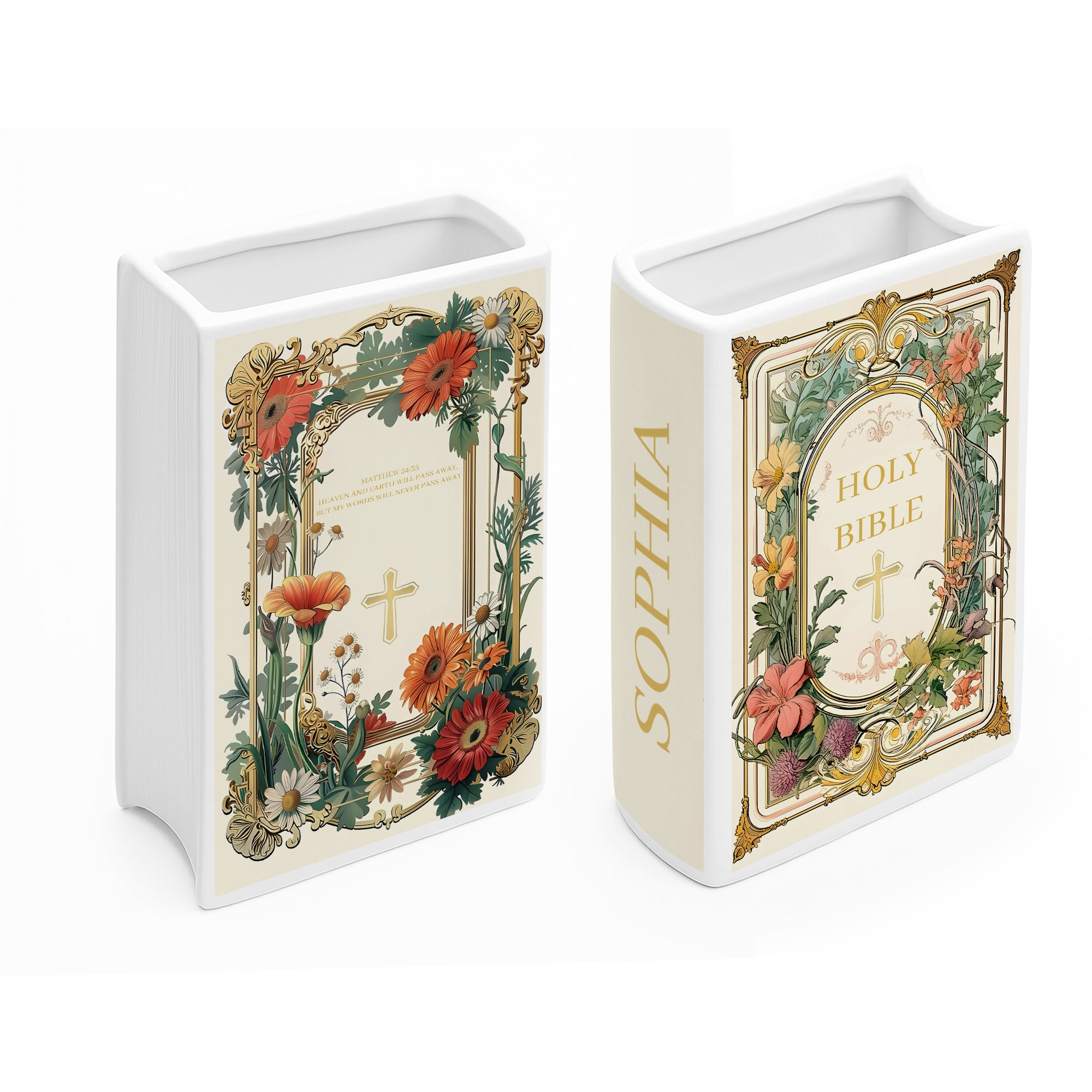 Personalized Holy Bible Book Vase, Personalized Faith Gift with Scripture, Cross & Flowers for Religious Decor CBLAF12